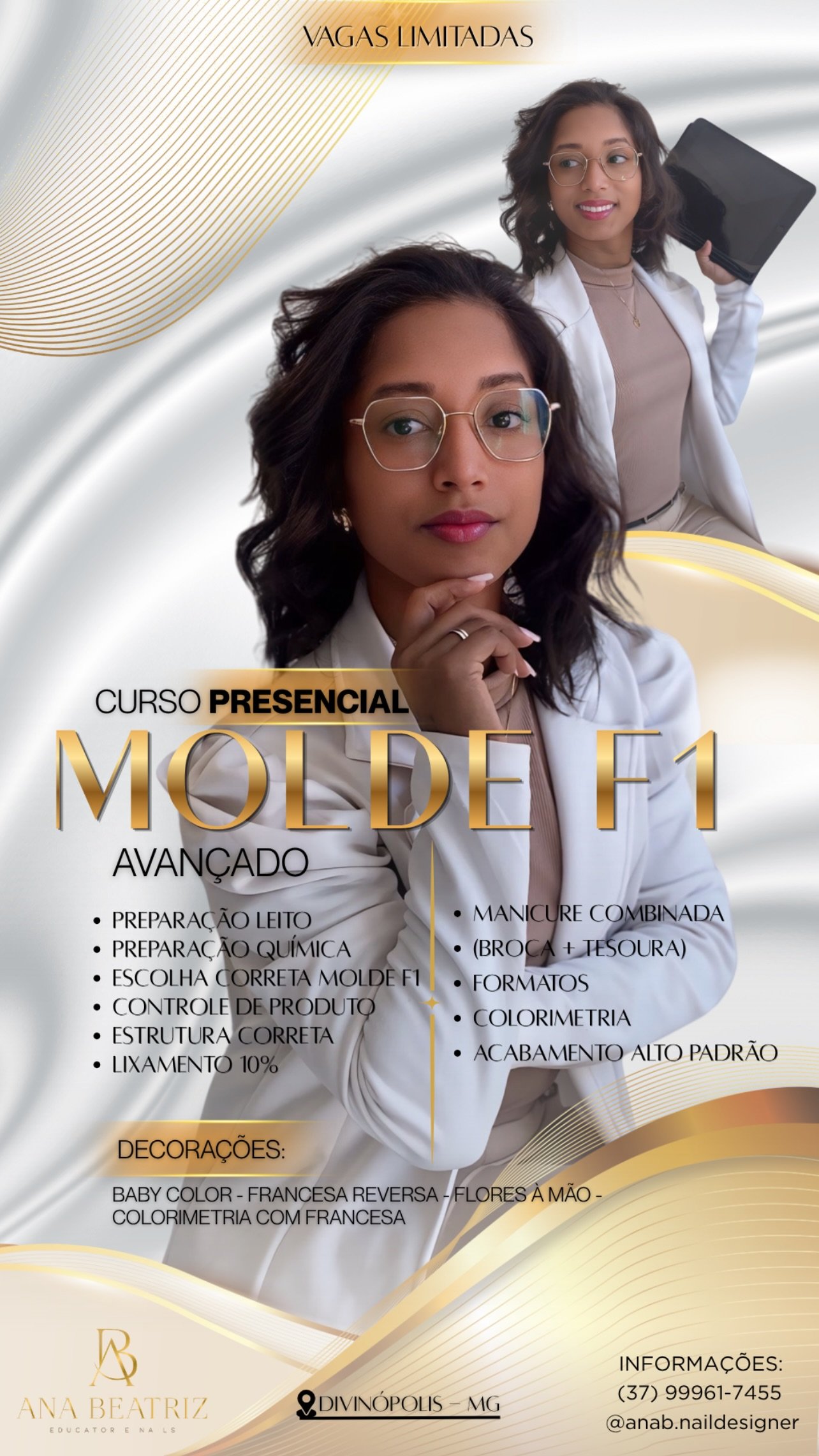 Ana Beatriz, nail designer e educadora, apresentando o curso presencial Molde F1 Avançado